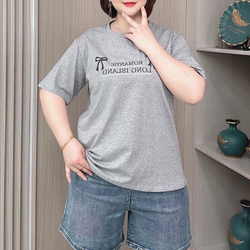 Cotton Short Sleeve T-shirt Women Summer 2024 New Plus Size Women Tees Loose Thin Bow Letter Print Casual Top