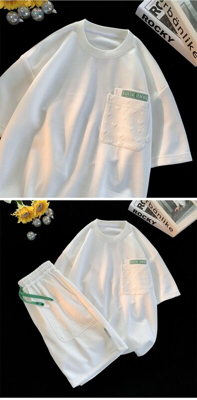 2023 Simple Waffle Suit Women Summer Thin Loose Urban Design Niche T-shirt + Shorts Casual Sportswear Patch Design 2pcs Set