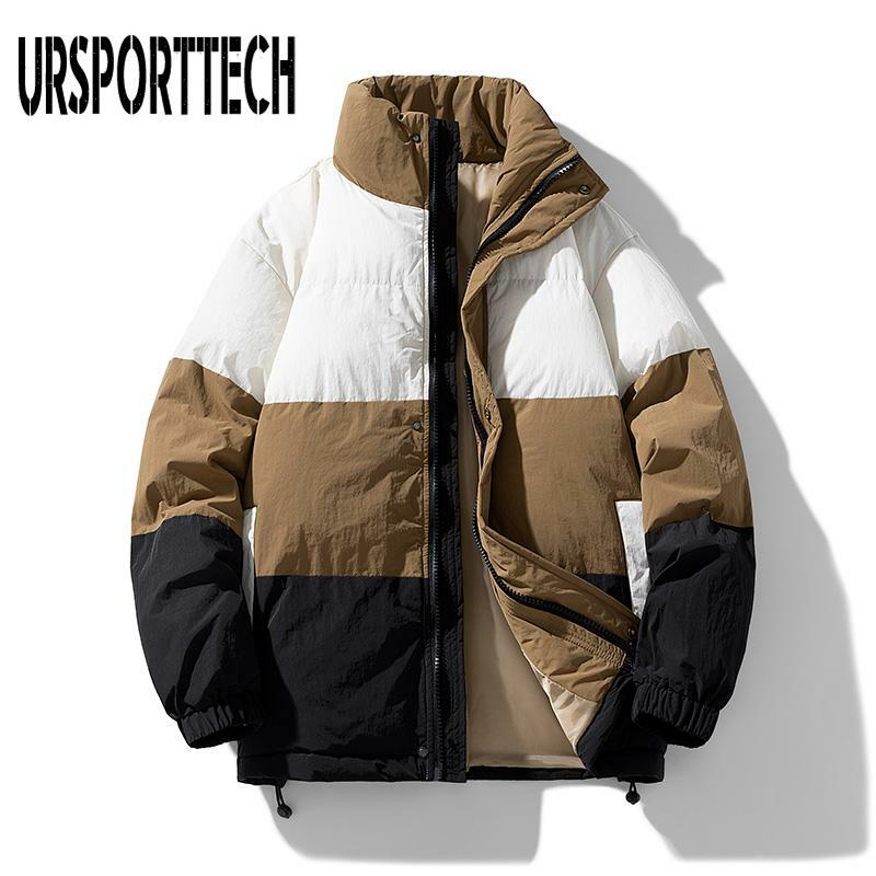 Zimowa męska patchworkowa kurtka ciepła wiatroszczelna płaszcz z kapturem Unisex zimowa gruba kurtka luźna męska kobieta jednolity kolor odzieży wierzchniej płaszcz