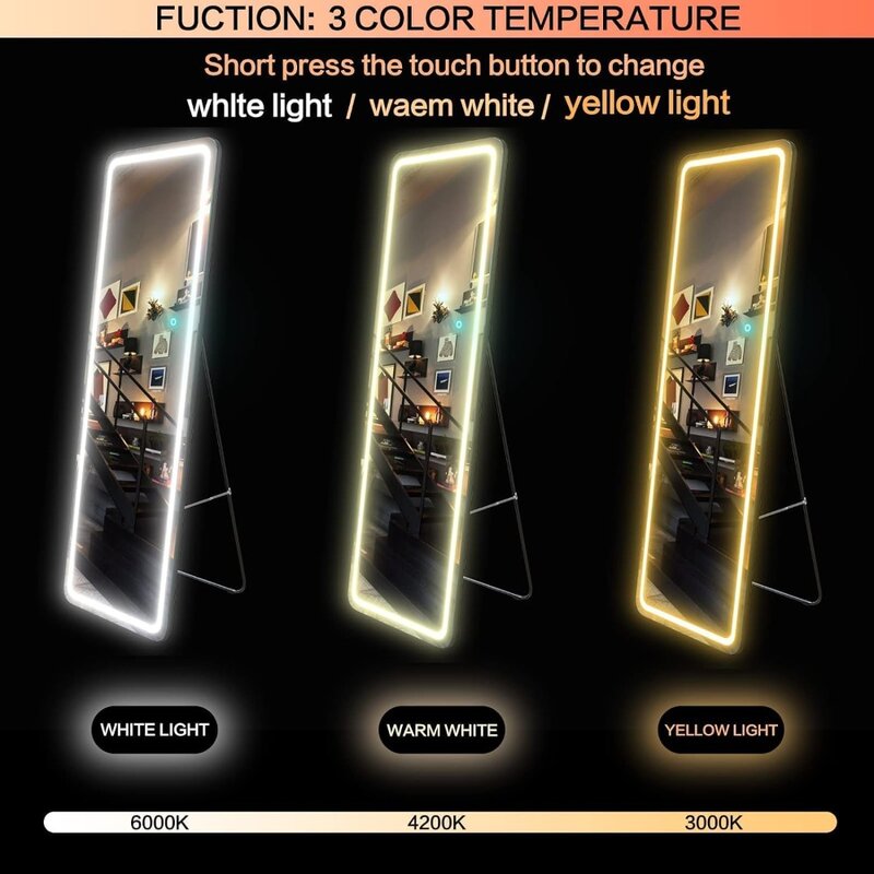 LVZory-مرآة بطول كامل مع أضواء ليد ، مرآة تعتيم أرضية ، مرآة قائمة بذاتها ، إضاءة 3 ألوان ، 63 × 20 بوصة