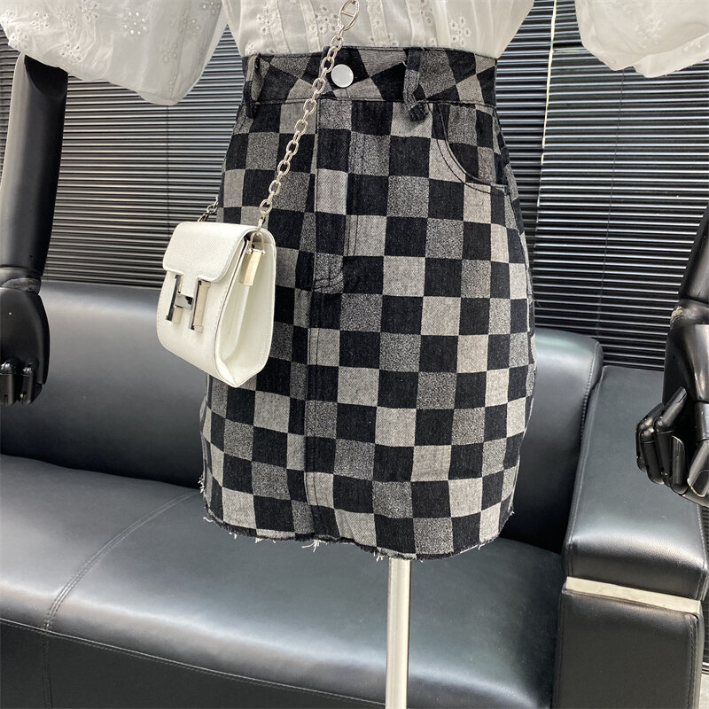 New 2022 fashion Designer new style Famous brand High waist Plaid skirt summer Checkerboard Denim skirt