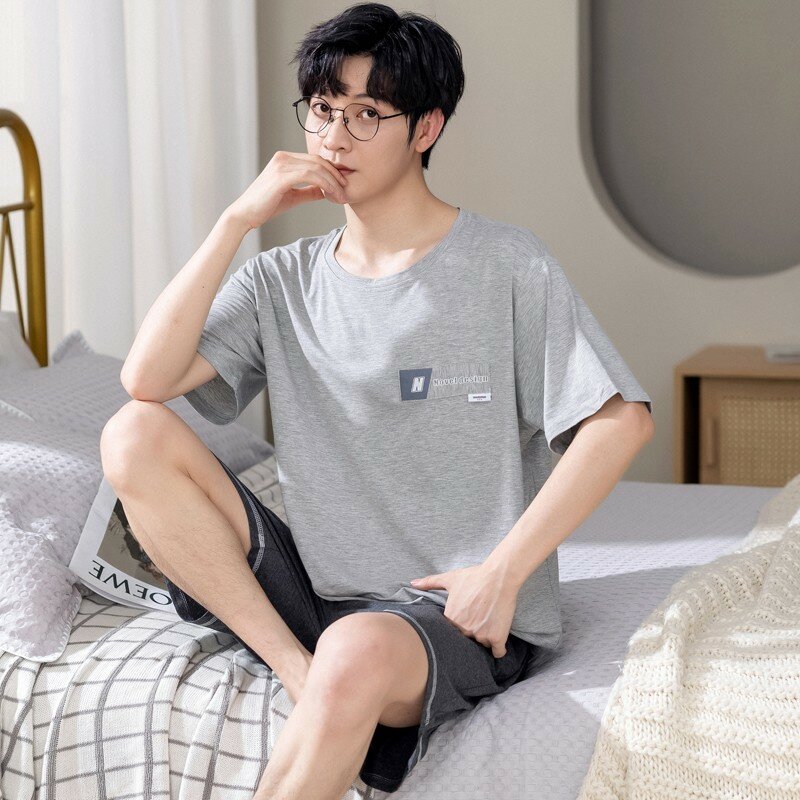 New Arrival Pajamas Men's Cotton Short-sleeved Summer Men's Teen Homewear 2-Piece Suit Breathable Casual Loungewear Homme