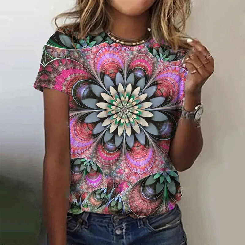 Camiseta estampada com padrão colorido feminino, gola redonda, manga curta solta, top da moda, roupa de festa, moda