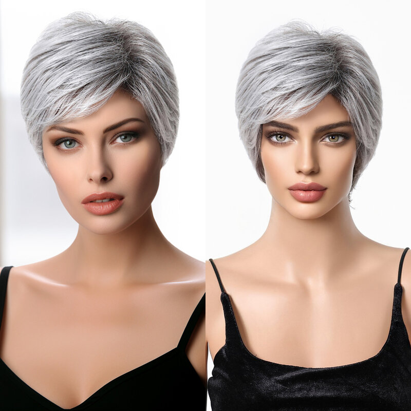 Wig potongan Pixie pendek untuk wanita wig sintetis berlapis lurus abu-abu perak dengan 30% rambut manusia wig campuran alami halus rambut