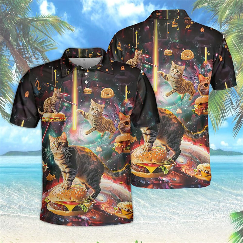 Рубашка-поло с гамбургерами для влюбленных, Мужская одежда, модная рубашка-поло в стиле Харадзюку с гамбургерами, футболка в стиле хип-хоп, гавайская, с коротким рукавом, Y2K, мужские футболки