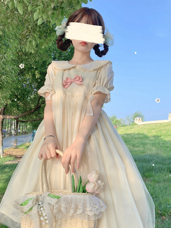 Dulce Lolita vestido de princesa suave japonés para niña, vestido de Lolita con lazo, cuello Peter Pan, manga corta, vestido Kawaii de verano