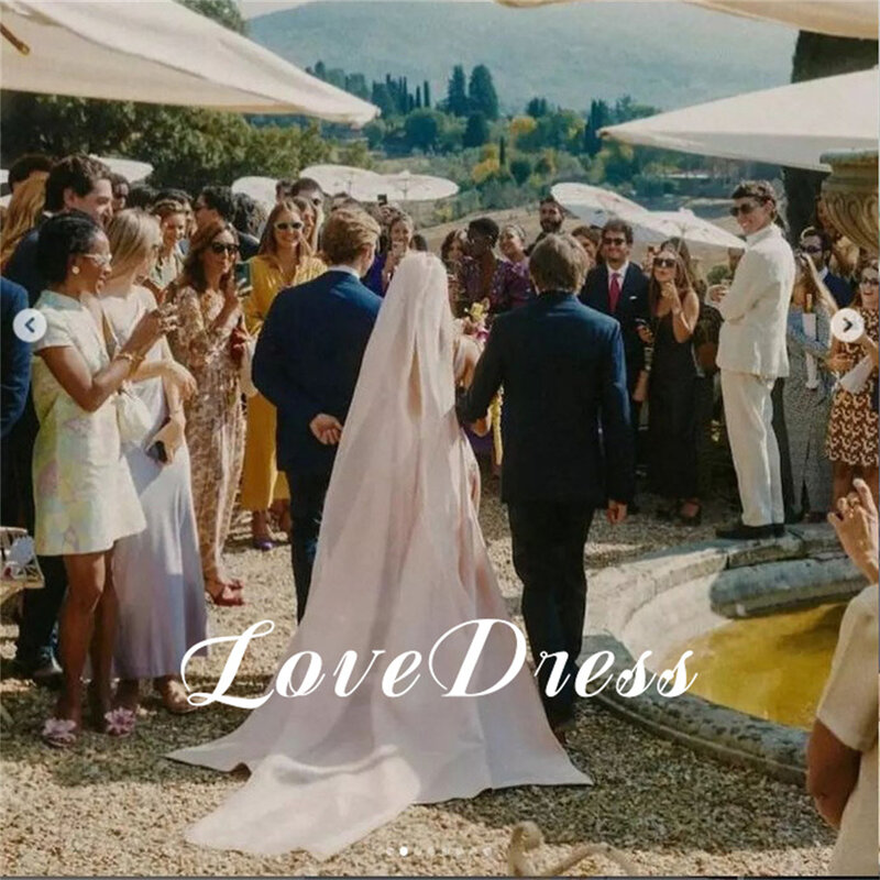 Gaun pernikahan berwarna tali Spaghetti, cinta Putri, merah muda, gaun pengantin dengan pita lipit elegan kerah persegi, panjang pergelangan kaki