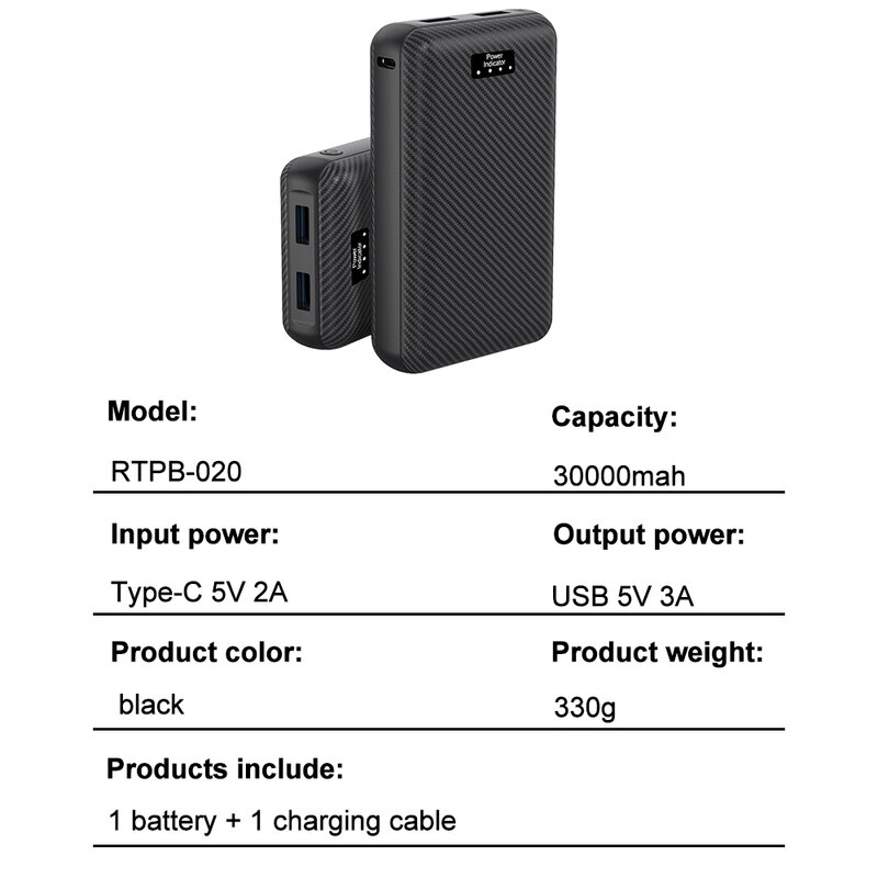 ชุดแบตเตอรี่ภายนอกสำหรับชาร์จ3A 5V แบตสำรอง30000mAh ชุดแบตเตอรี่ภายนอกสำหรับให้ความร้อนเสื้อกั๊กแจ็คเก็ตผ้าพันคอถุงมืออุปกรณ์ให้ความร้อน