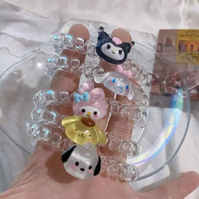 Horquilla de Anime Kawaii Sanrio HelloKitty para niña, lindo Kuromi Cinnamoroll MyMelody, Mini anillo de pelo de acrílico de agarre, regalo al por mayor