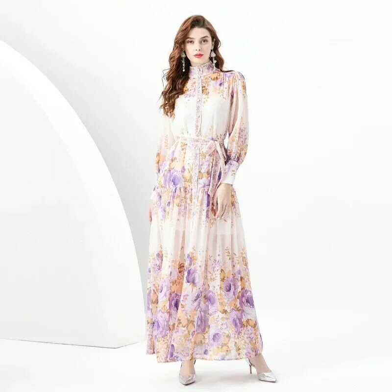 Dropshipping Spring Summer Vintage Floral Print Mock Neck Bow Puff Long Sleeve Women Casual Party Robe Maxi Dresses 2024