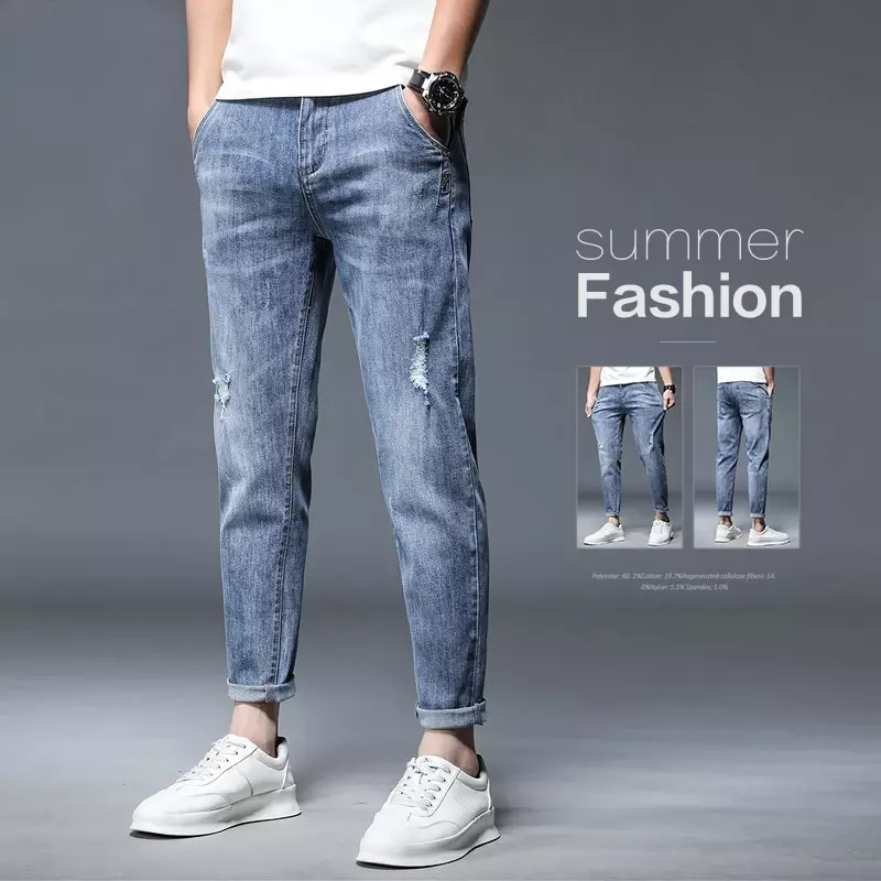 Calça jeans de algodão com comprimento do tornozelo masculino, calça jeans stretch, casual algodão stretch buraco, design streetwear fino, marca coreana de alta qualidade, verão