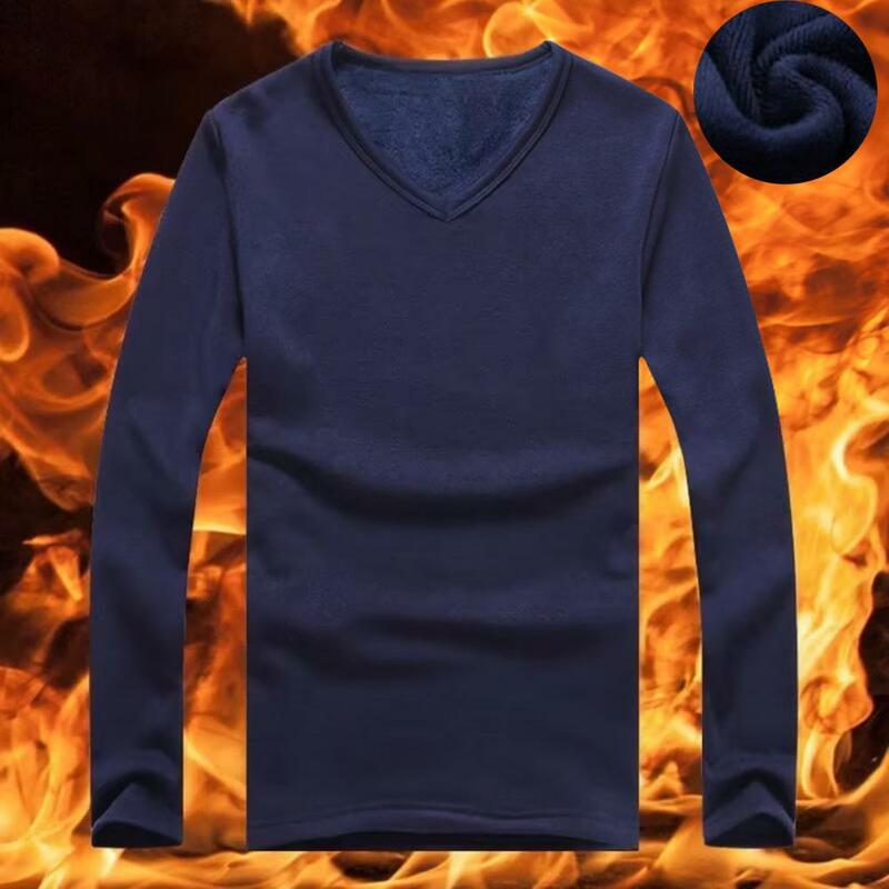 Camisa de manga comprida elástica masculina, roupa interior grossa, velo térmico, gola O, quente, pelúcia, outono, inverno