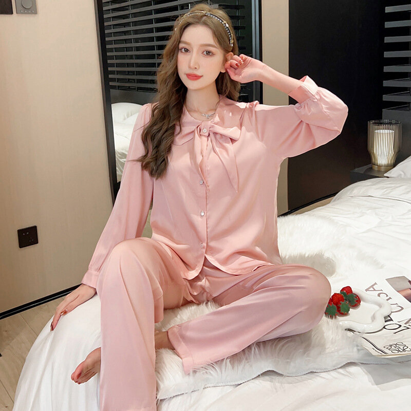 Pijamas de seda de gelo feminino de manga comprida imitação de seda casa roupas conjunto pijamas para mulher pigiami donna