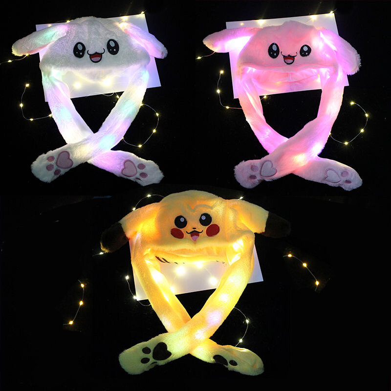 Topi anak-anak berpendar telinga kelinci bergerak Pikachu Anime melompat kelinci mewah kilat kartun hadiah anak-anak topi bercahaya mainan