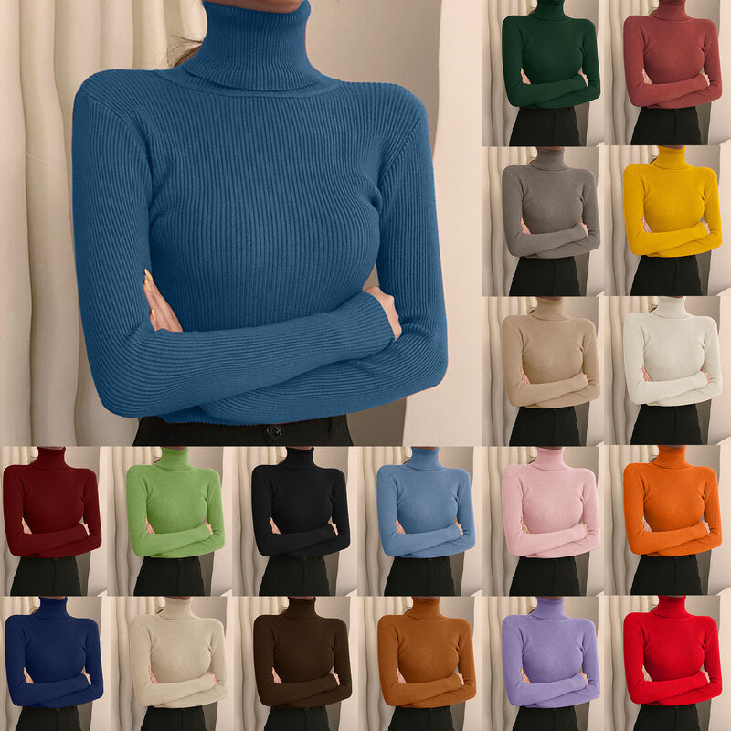 Suéter de gola alta de manga comprida feminino, pulôver coreano fino, jumper elástico simples, top básico, monocromático, novo, outono, 2023