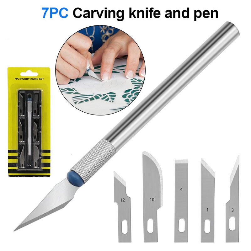 カービングナイフとペンセット、メタルスケープラー、ナイフツールキット、カッター、彫刻クラフト、ナイフブレード、PCB、DIY修理ハンドツール、7個
