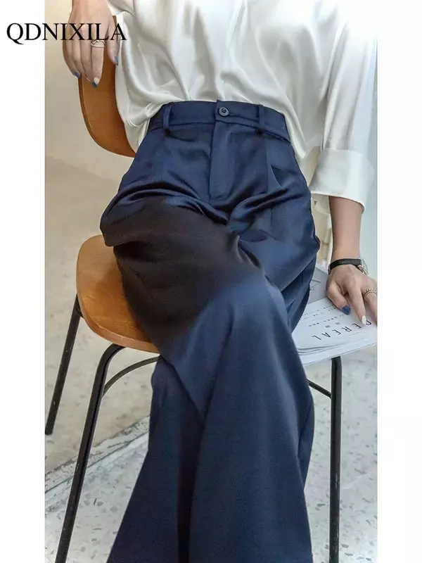 2024 wiosna lato lodowy jedwab satynowe spodnie dla kobiet szerokie nogawki z wysokim stanem w stylu Casual, czarny koreański garnitur spodnie damskie