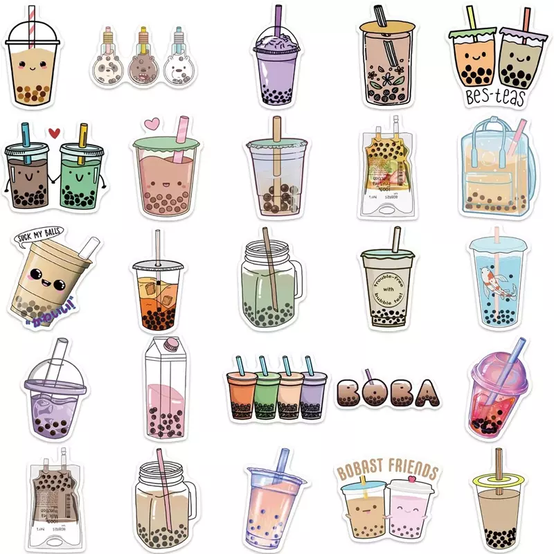 50Pcs Ins Style Cute Milk Tea Drink Graffiti Stickers Suitcases Laptops Mobile Phone Guitar Water Cup Waterproof Stickers