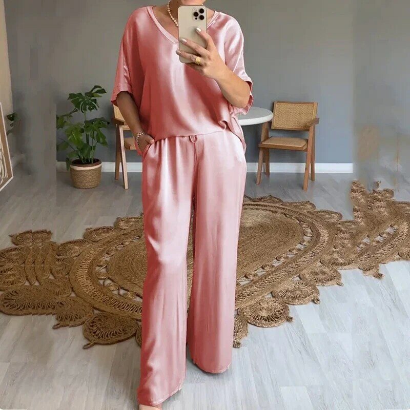 Vintage Solid Color Loose Outfits Casual Thin Silk Comfortable Suit Spring Summer V Neck Short Sleeved Top and Long Pants Suit