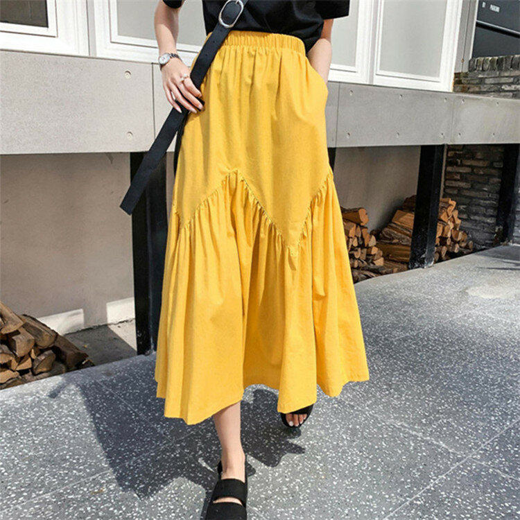 2024 Summer Cotton Linen Asymmetric Ruffled Skirts Autumn Solid Color A-Line Long Skirts Korean Fashion Vestidos Chic Clothes