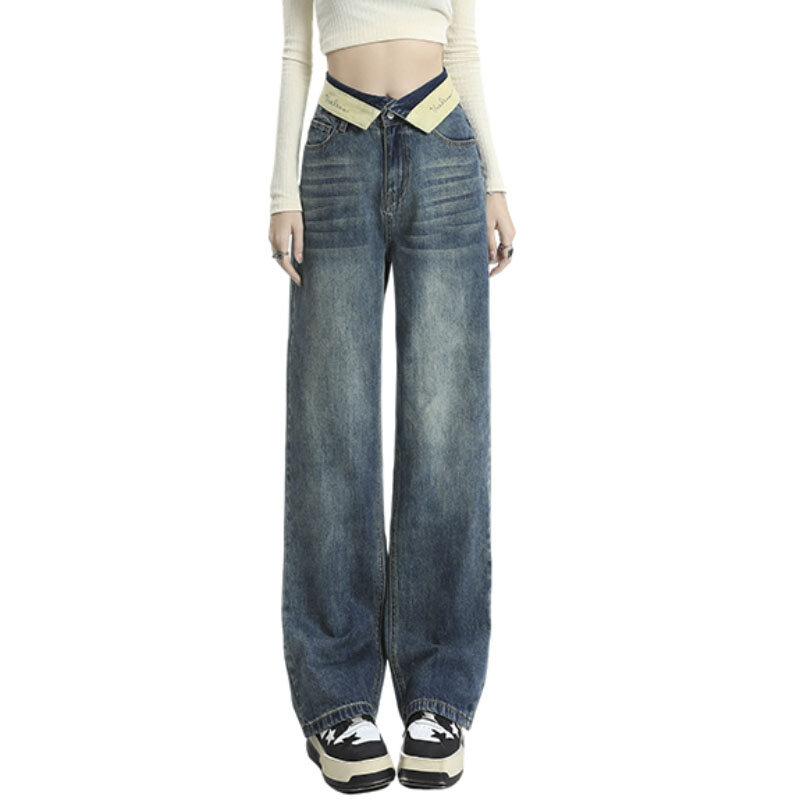Calça jeans folgada de cintura alta feminina, calça reta de perna larga, calça jeans, streetwear vintage, coreana, Harajuku, Y2K