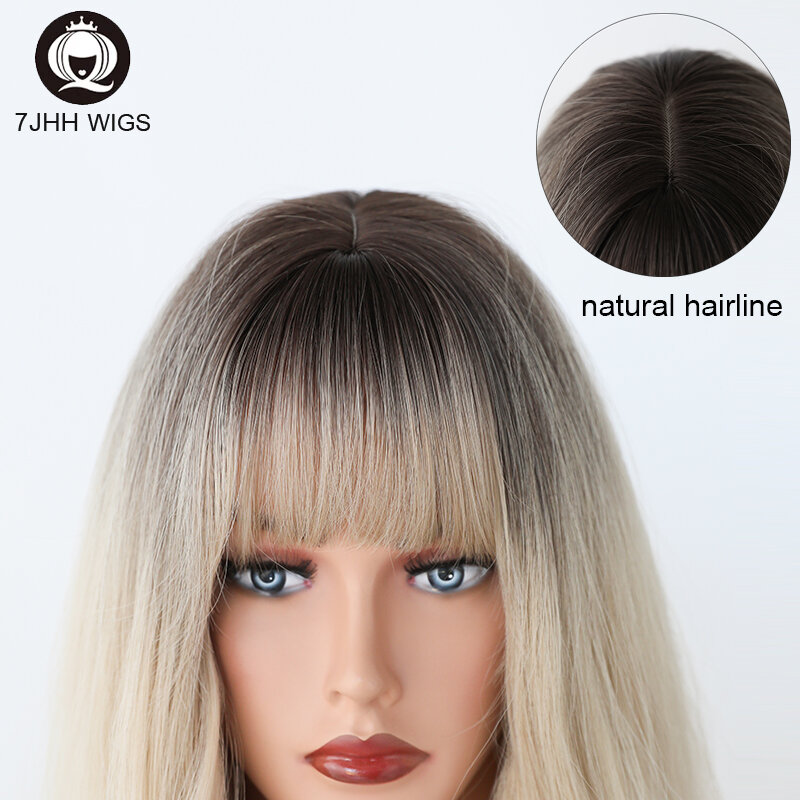 7JHH blond z Ombre korzenie kolor długie faliste peruki kobieta syntetyczna peruka z grzywką kobiet Cosplay naturalne włosy peruki termoodporne