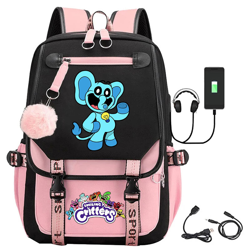십대 소녀용 USB 충전 학교 가방, 고품질 만화 책가방, 노트북 가방 팩, 웃는 동물 Catnap 인쇄 배낭