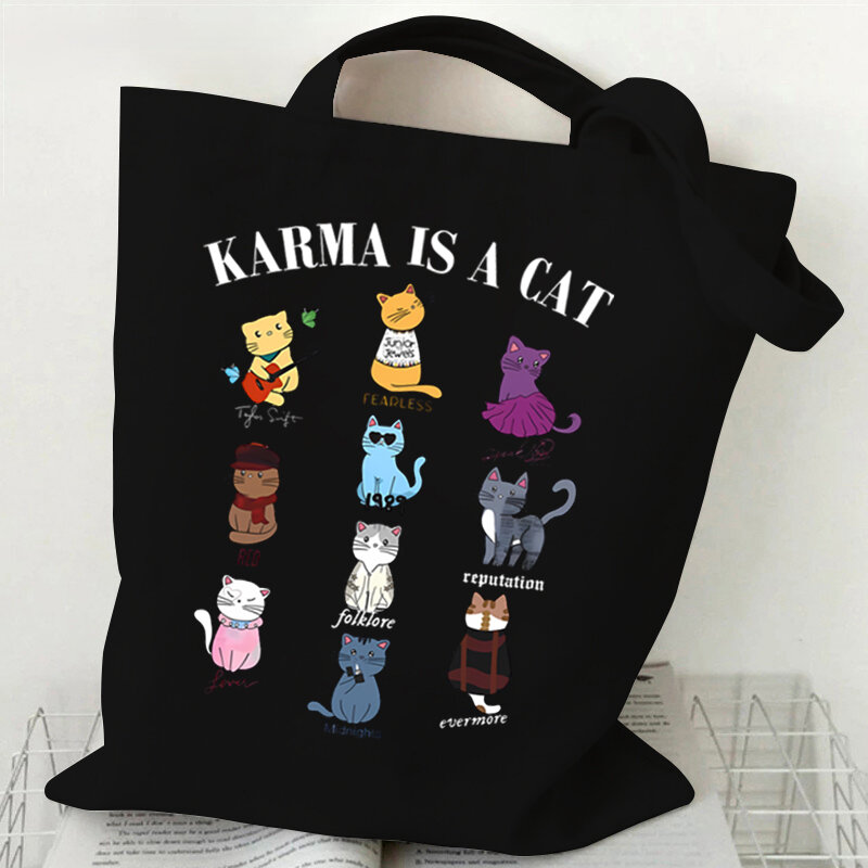 Hipster Cute Cat Printed Women's Shoulder Bag Harajuku Style Practical Canvas Men Tote Bag Hip Hop Kitten Female Cartoon Handbag