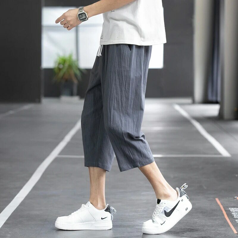 Новинка лета 2024, повседневные мужские универсальные свободные брюки из хлопка и конопли в Корейском стиле