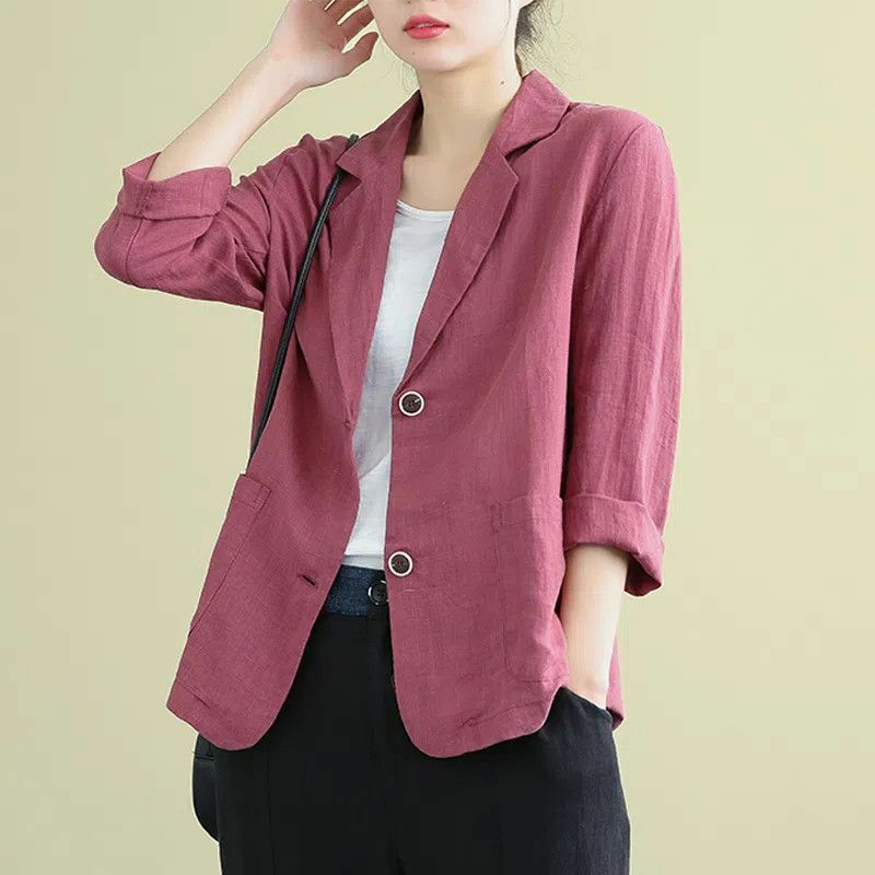 2023 Summer Comfortable Casual Loose Oversize Fashion Versatile Solid Color Long Sleeved Double Button Cotton Linen Suit Jacket