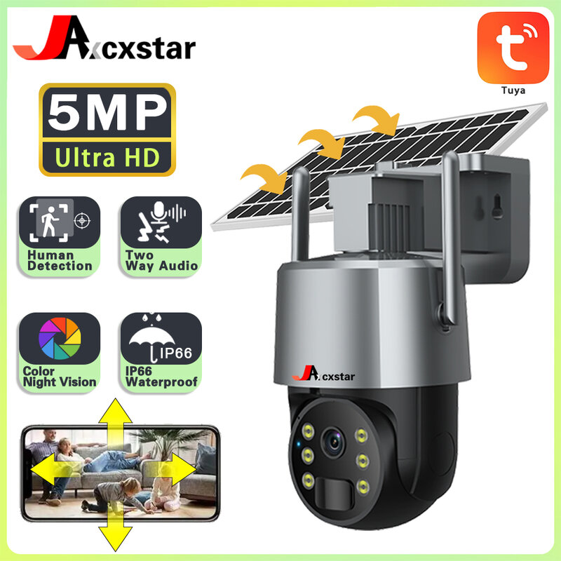 Kamera CCTV Panel surya luar ruangan nirkabel HD 5MP kamera pengawasan isi ulang li-baterai bekerja dengan aplikasi Tuya