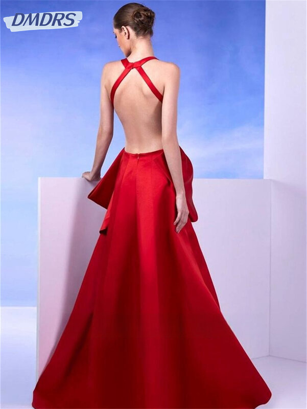 Gaun pesta malam garis Satin merah gaun Formal punggung terbuka bertali spageti Balut pita silang leher V dalam