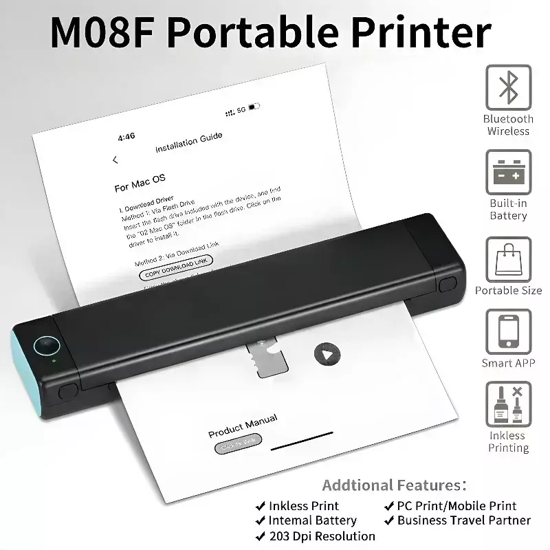Impressora Térmica Portátil de Papel, M08F, Sem Fio, Celular, Viagem, Android, iOS, Laptop, 8.26 "x 11.69"