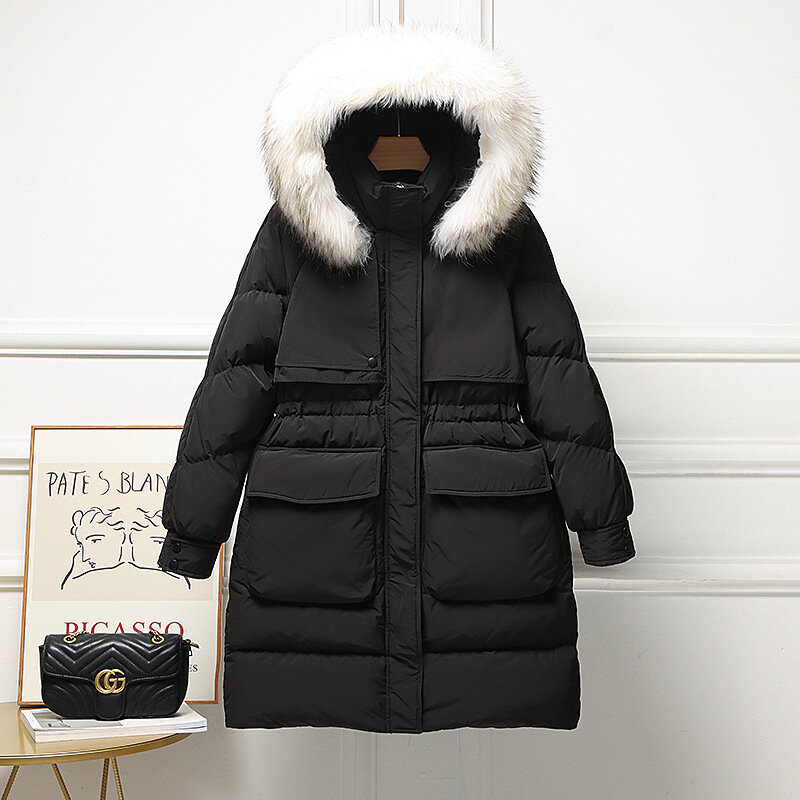 Abrigo de plumón de pato blanco para mujer, abrigo grueso de longitud media con capucha, ropa de nieve cálida, moda de invierno, 2023