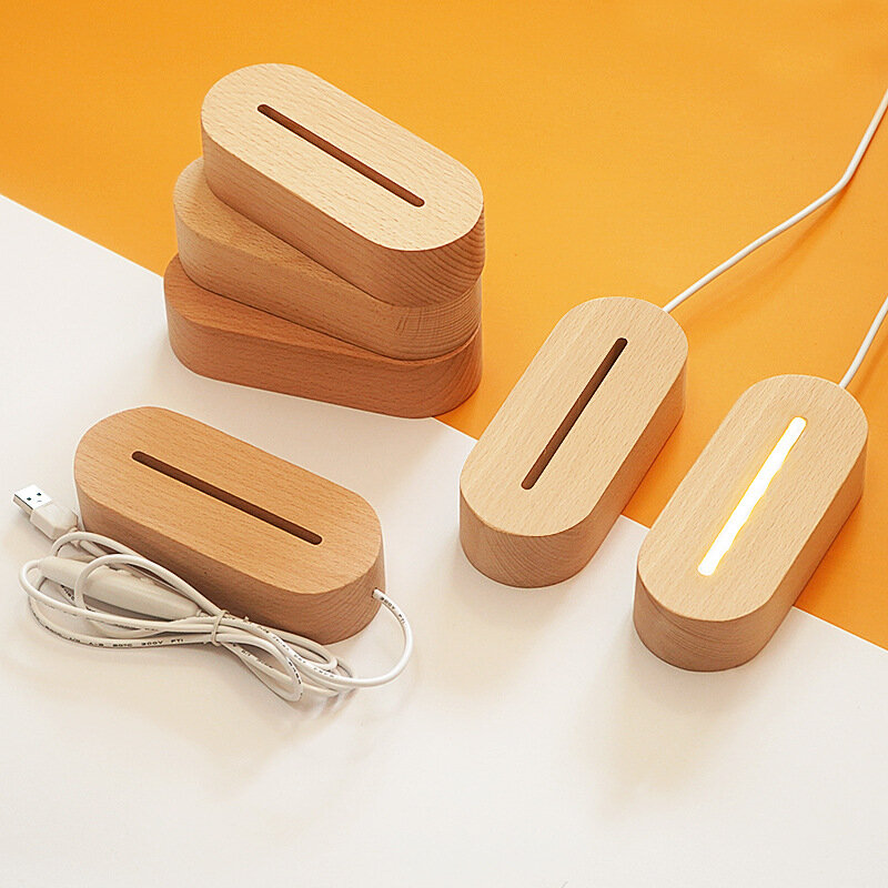 CE بنفايات FCC شهادة البيضاوي الخشب Led مصباح حامل قاعدة مع دافئ الأبيض RGB أضواء USB بالطاقة ل محفورة ثلاثية الأبعاد الاكريليك أضواء الليل