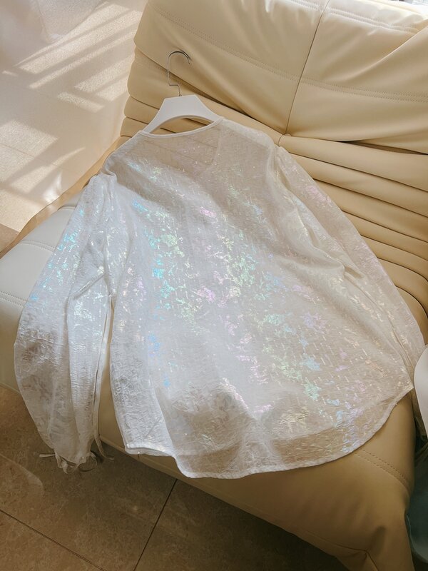 lingzhiwu White Blouse 2024 Spring French Designer Loose Long Sleeve Top Ladies Sequins Shirt Female New Arrive