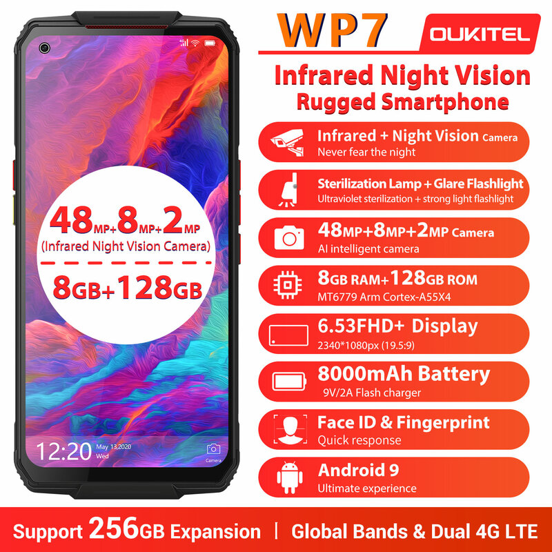 Oukitel Wp7 Smartphone 8000Mah Batterij 48mp Camera 'S Telefoon Android 9.0 Mt6779 Octa Core 9V/2a 6.53 "Fhd Nfc Mobiele Telefoon