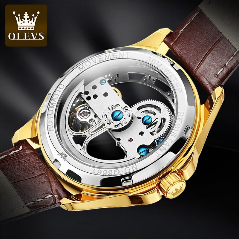 OLEVS orologi da uomo di lusso orologio da polso meccanico automatico Design scheletro cinturino in pelle impermeabile orologio maschile Reloj Hombre