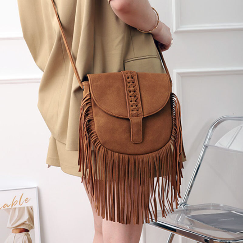 New woven semi-circular soft pu leather women bag large capacity tassel shoulder bag fashion crossbody bag