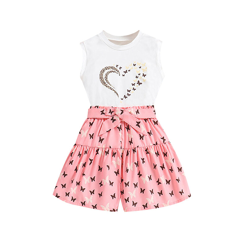 8-12T Kids Girls Summer Outfits Heart Print Crew Neck Sleeveless Tank Tops and Butterfly Print Shorts with Belt 2Pcs Clothes Set
