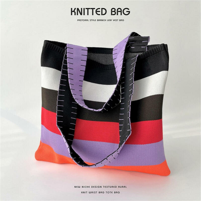 Корейская модная большая плетеная Сумка через плечо, радужная контрастная цветная полосатая Женская Уличная Повседневная сумка для покупок