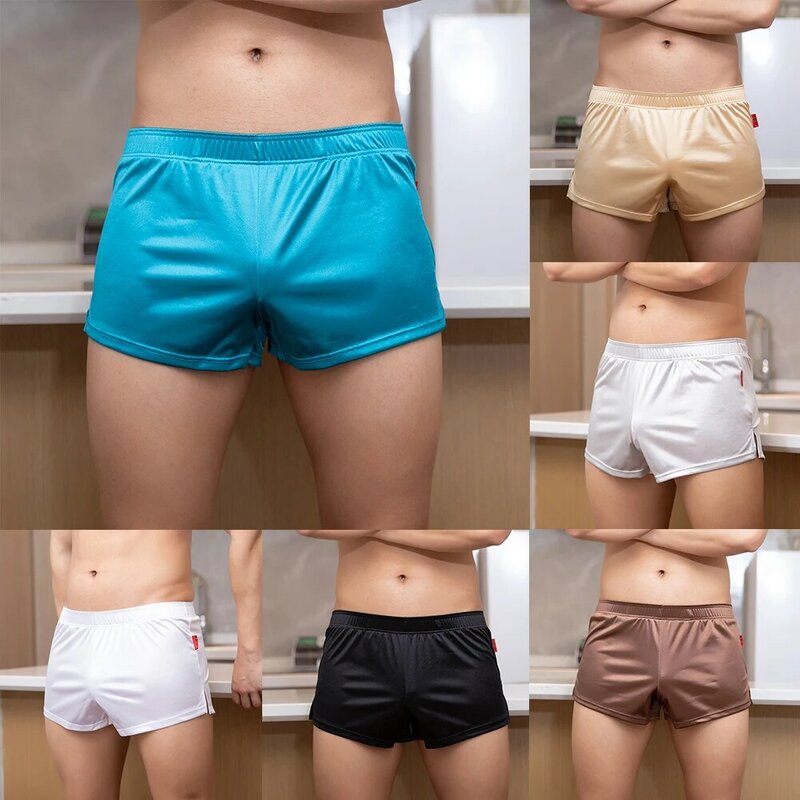Sexy Mens Arrow Pants Oil Shiny Satin Boxers Smooth Shorts Pijamas Pijamas Calças Lounge Loose Sleepwear Low Rise Underwear