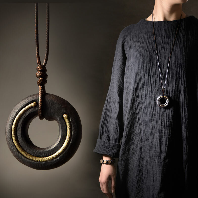Original Design Handmade Ebony Pendant Men's Retro Trendy Street Hanging Simple All-match Jewelry Woolen Chain Necklace Women