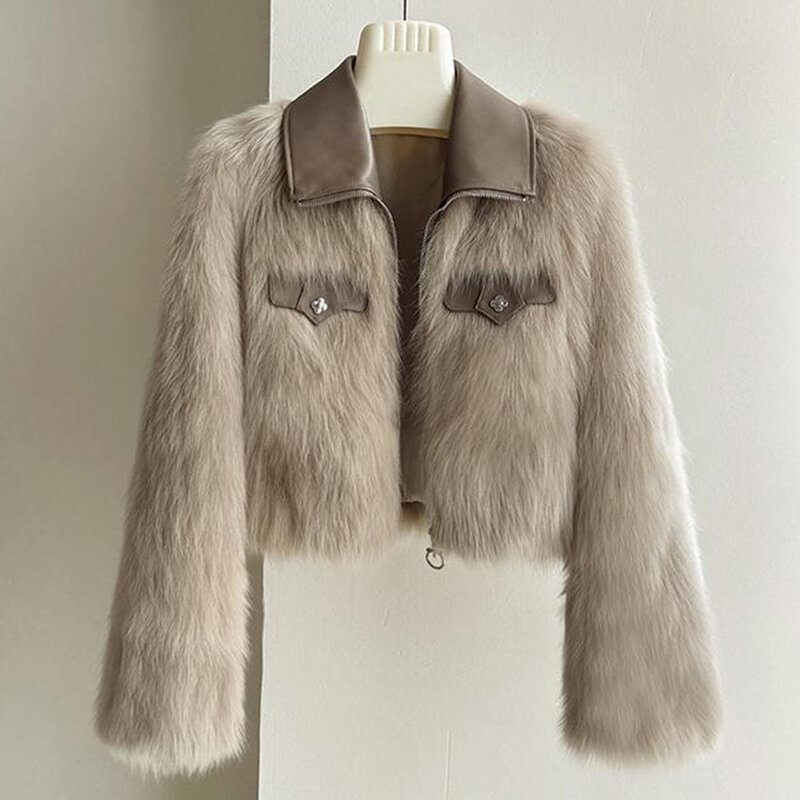 Jaqueta de couro peludo de pele sintética feminina, casaco macio, jaqueta curta de inverno, moda streetwear senhora, casacos de outono