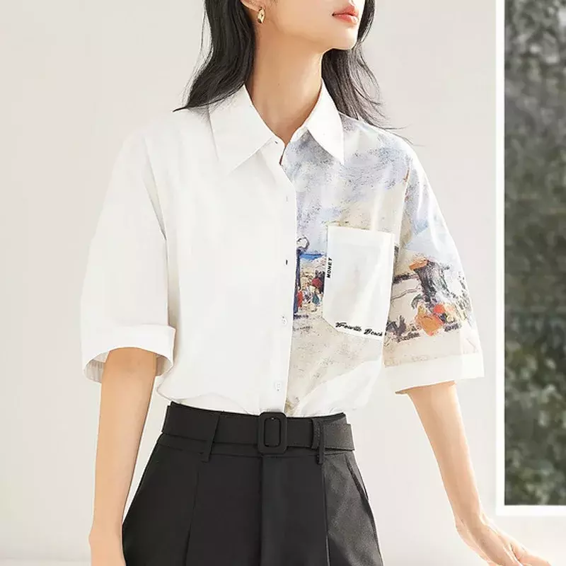 Chiffon Damen hemd Frühling/Sommer gedruckt lässige Blusen lose Polo-Ausschnitt Frauen Tops kurze Ärmel Mode Kleidung ycmyunyan
