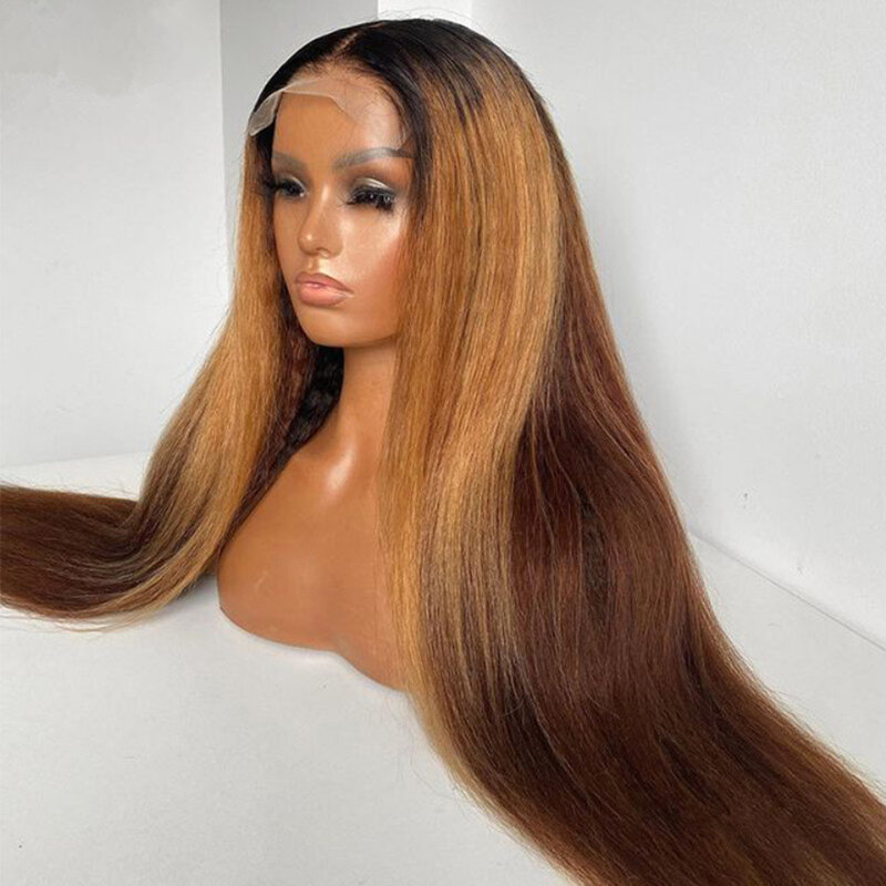 26“ Yaki Soft Long Ombre Blonde Brown Kinky Straight 180Density Lace Front Wig For Black Women BabyHair Glueless Preplucked