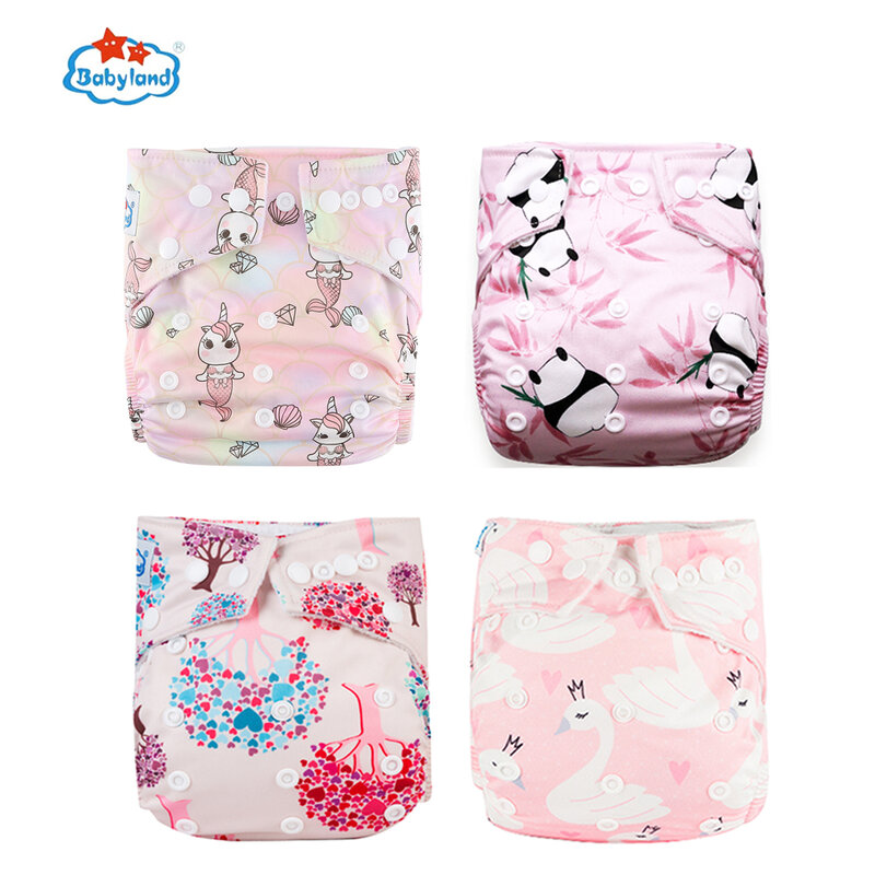 [BABYLAND]ECO-Friendly Girl Diapers 4 Shells Pocket Diapers Adjustable Baby Nappy Washable Reusable Cloth Diaper Newborn to Kid