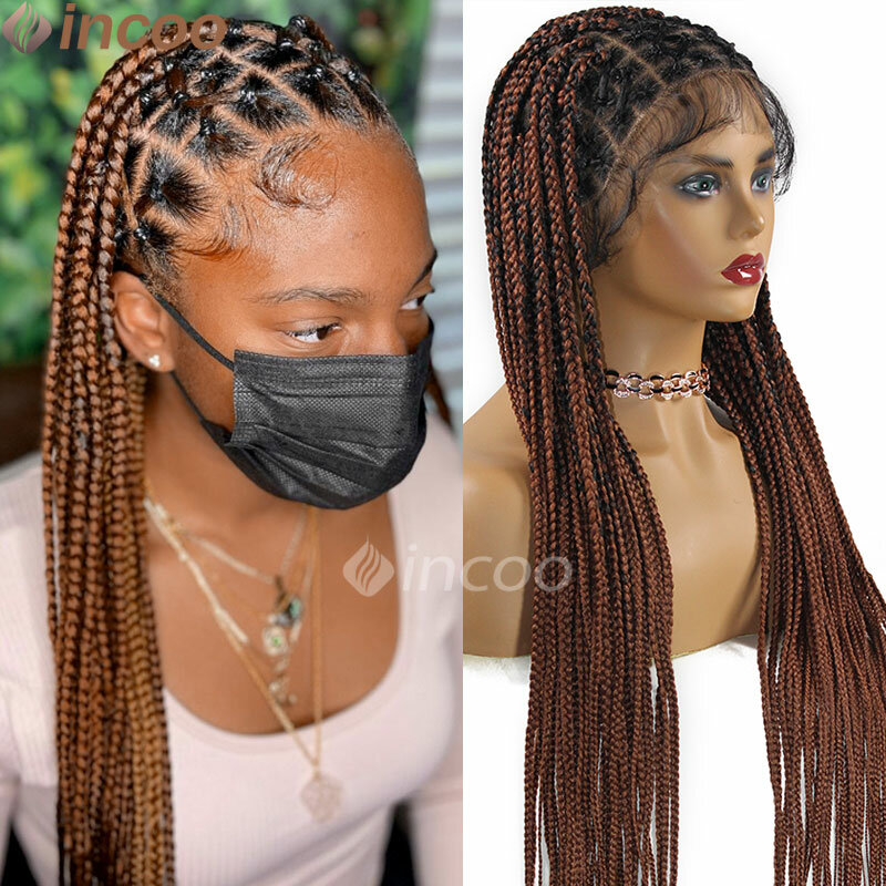 Ombre Knotless Box Braid Frontal Wig Long Brown Full Lace Box Braid Wig With Baby Hair Synthetic Crisscross Knotless Braids Wigs