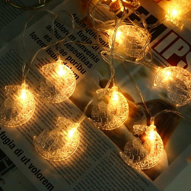 Cadena de luces Eid Mubarak para decoración del hogar, iluminación de Luna y Estrella, Ramadán, fiesta musulmana islámica, alimentada por batería, 2024 m, 2 piezas, 10LED, 1,5