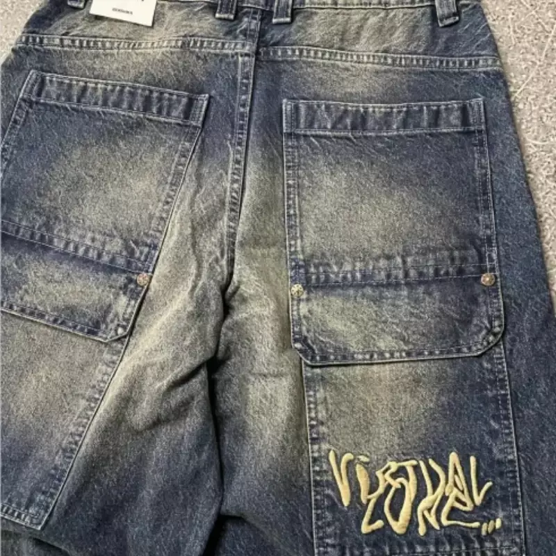 Calça jeans bordada com letra de bolso hip-hop masculina, Y2K clássico, solta, simples, cintura alta, jeans reto, nova moda